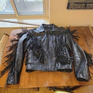 Vintage Leather Jacket Biker Fringe Black mens medium womens large